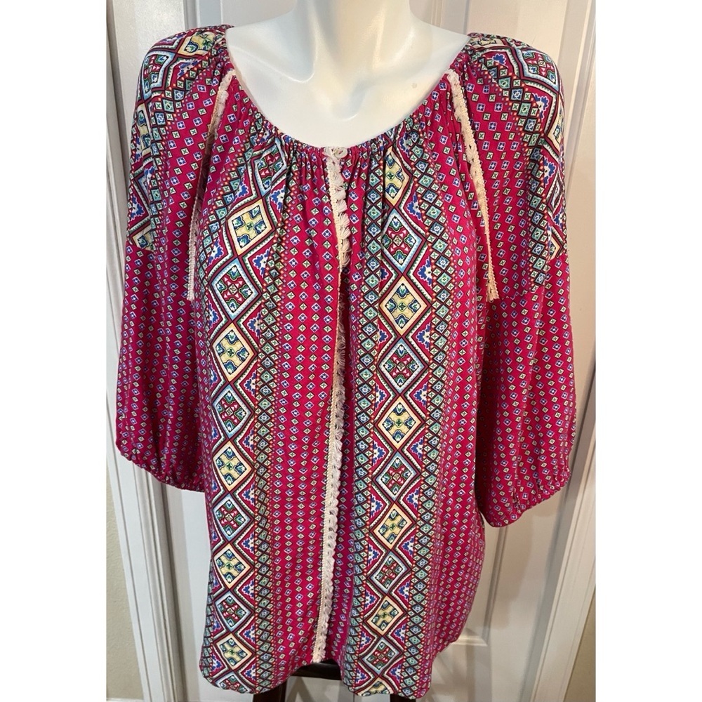 Great Northwest Indigo Blouse Tunic Boho Womens Size 1X Geo Pattern